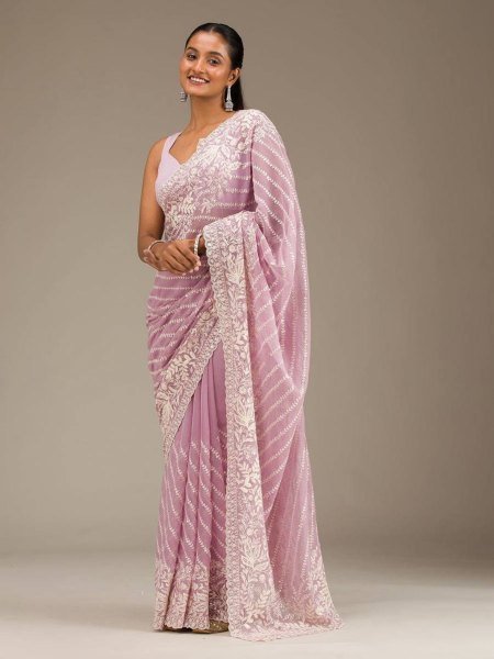 Pastel Fox Georgette Saree Thread and Sequin Embroidery for Summer Sarees 