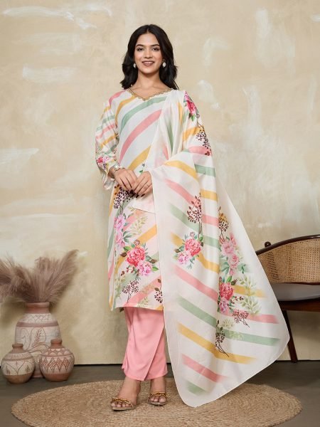 Pastel Multicolor Striped Muslin Silk Kurta with Floral Dupatta and Pant Stylish Look 3 Piece Kurti Set