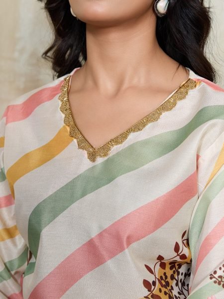 Pastel Multicolor Striped Muslin Silk Kurta with Floral Dupatta and Pant Stylish Look 3 Piece Kurti Set