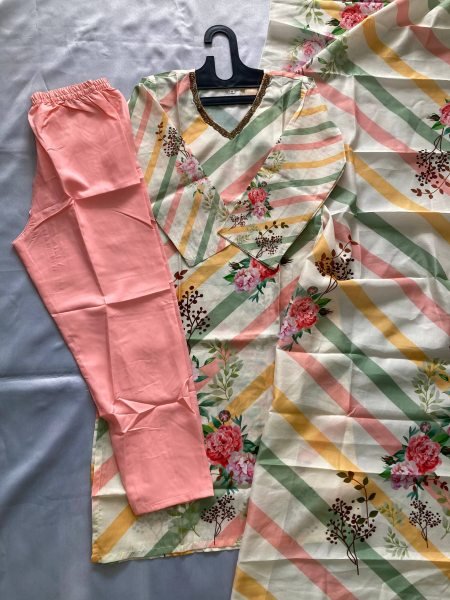 Pastel Multicolor Striped Muslin Silk Kurta with Floral Dupatta and Pant Stylish Look 3 Piece Kurti Set