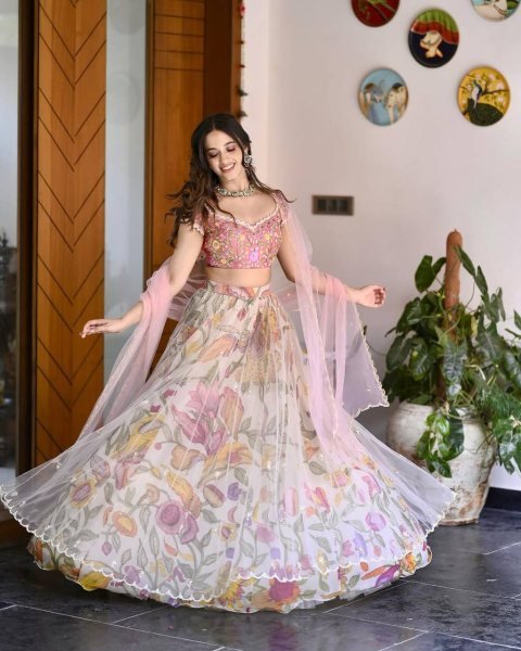 Pastel Pink Chinon Silk Lehenga with Embroidered Blouse & Net Dupatta Party Perfect Designer Lehenga Choli