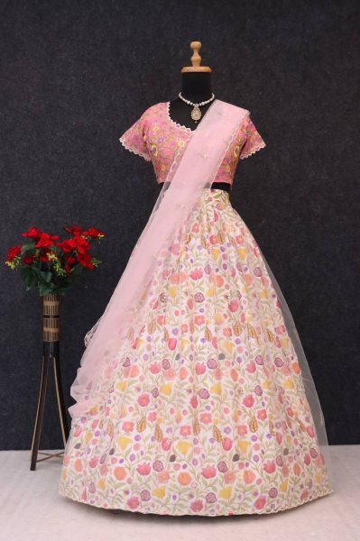 Pastel Pink Chinon Silk Lehenga with Embroidered Blouse & Net Dupatta Party Perfect Designer Lehenga Choli