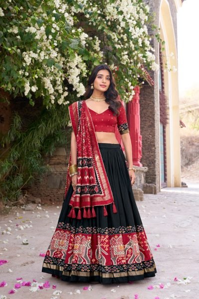 Patola Printed Tussar Silk Lehenga Choli Set with Dupatta Festive Special Half Saree Lehenga