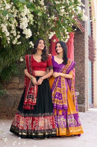 Patola Printed Tussar Silk Lehenga Choli Set with Dupatta Festive Special Half Saree Lehenga