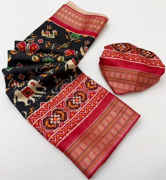Patola silk saree traditional Ikat designs and a red zari border   Patola Silk Sarees Wholesale