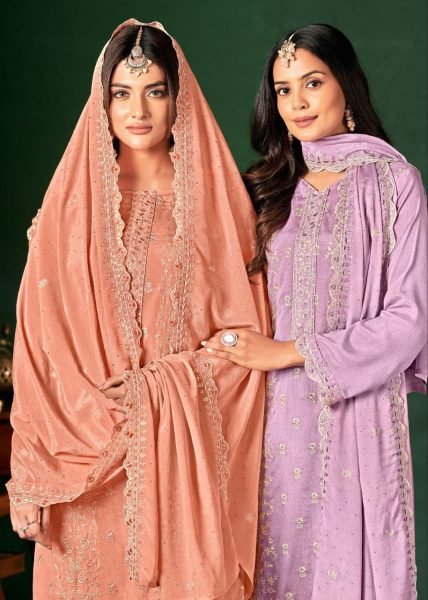 Peach Blush Chinon Suit with Swarovski & Scallop Detailing Perfect for Morning Functions  Designer Plazzo Salwar Suits Wholesale