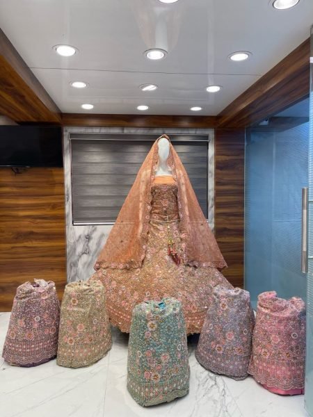 Peach Bridal Lehenga Choli  Net   Satin Fabric Zari  Beads   Sequin Detailing Best Price Bridal Lehenga Choli