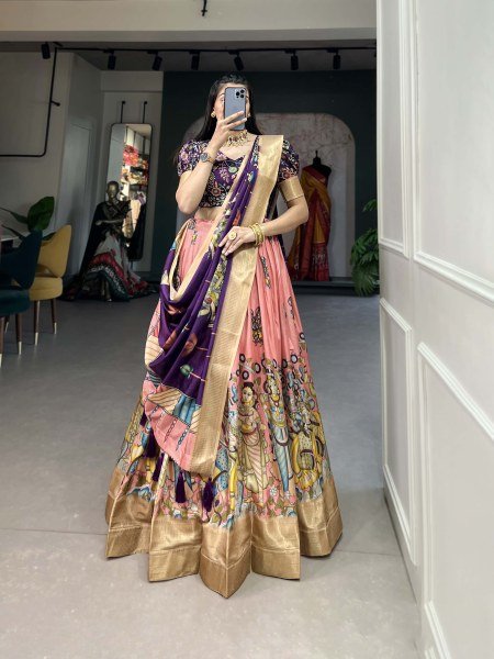 Peach Color Dola Silk Designer Kalamkari Print Lehenga Choli Half Saree Lehenga