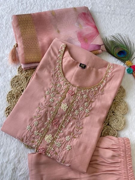 Peach Color Hand Work Roman Silk Kurti Pant With Dupatta  