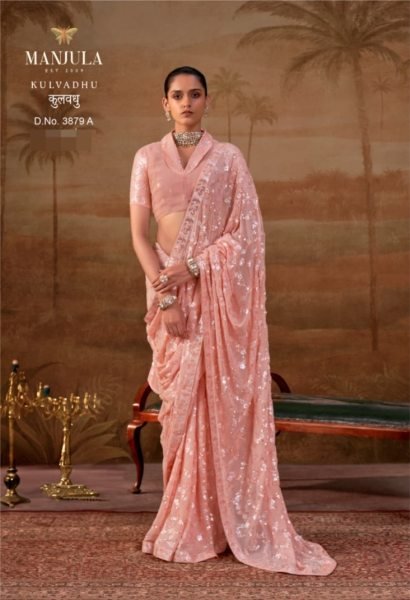 Peach Designer Georgette Saree with All Over Sequins Embroidery Work At Wholesale Rate Designer Wedding Sarees Wholesale