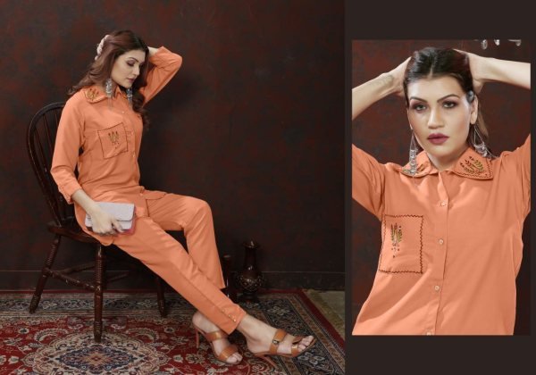 Peach Embroidered Cotton Blend Co Ord Set CO ORD Sets