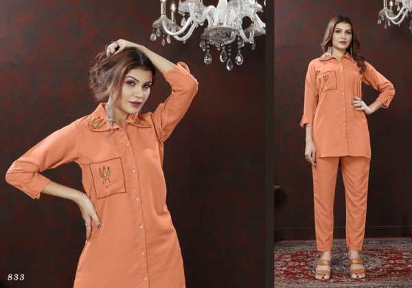 Peach Embroidered Cotton Blend Co Ord Set CO ORD Sets