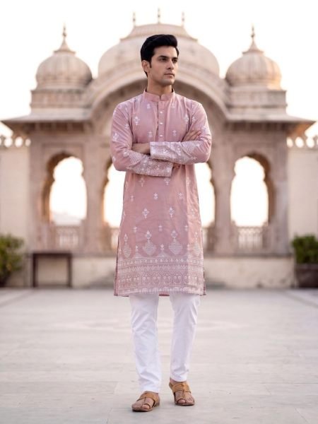 Peach Festive Collection Men's Kurta in Malai Silk with Heavy Embroidery 