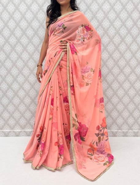 Peach Floral Georgette Saree with Sequins Border and Pearl Work for Women Printed Cotton Sarees Wholesale