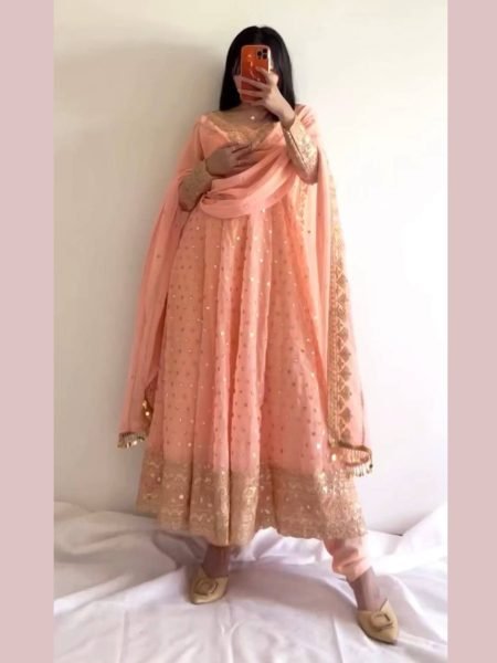 Peach Georgette Anarkali With Churidar And Sequin Dupatta Set 