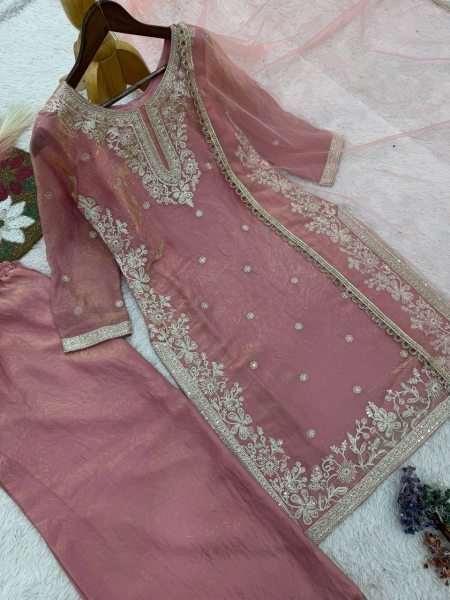Peach Heavy Fendy Silk Embroidered Straight Suit Set Ready To Wear Collection