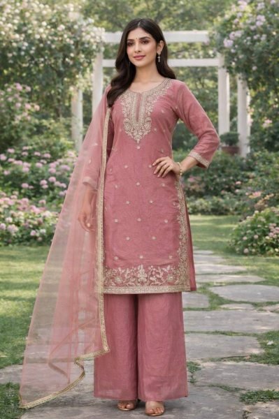 Peach Heavy Fendy Silk Embroidered Straight Suit Set Ready To Wear Collection