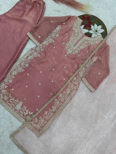 Peach Heavy Fendy Silk Embroidered Straight Suit Set Ready To Wear Collection