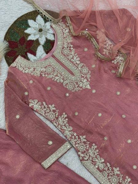 Peach Heavy Fendy Silk Embroidered Straight Suit Set Ready To Wear Collection