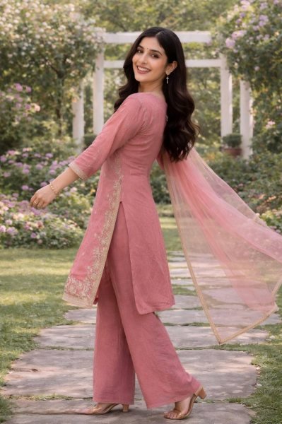 Peach Heavy Fendy Silk Embroidered Straight Suit Set Ready To Wear Collection