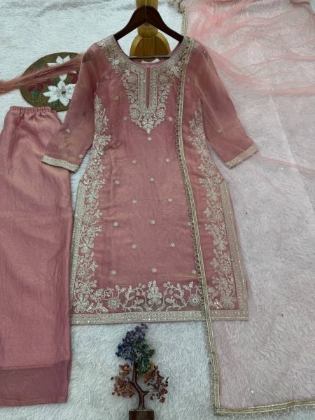 Peach Heavy Fendy Silk Embroidered Straight Suit Set Ready To Wear Collection