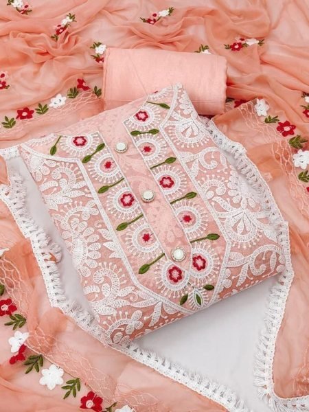 Peach Luxe Charm Chanderi Lucknow Work Suit with Soft Dupatta & Crape Bottom Dress Material 