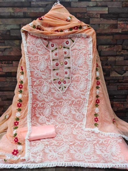 Peach Luxe Charm Chanderi Lucknow Work Suit with Soft Dupatta & Crape Bottom Color Set Matching Dress Material Wholesale