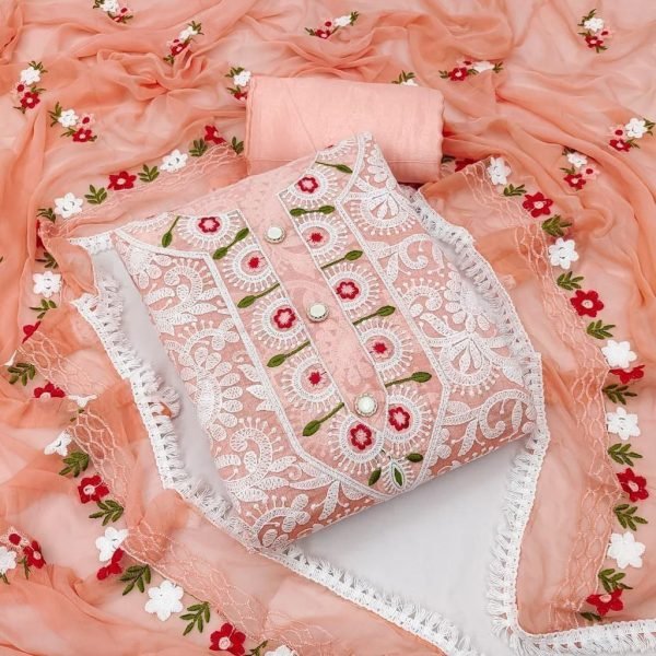 Peach Luxe Charm Chanderi Lucknow Work Suit with Soft Dupatta & Crape Bottom Color Set Matching Dress Material Wholesale