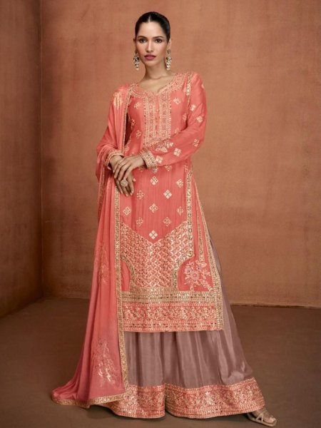 Peach Orange Color Hit Designe Real Chinon Plazzo Suit Collection With Hand Work  Salwar Kameez