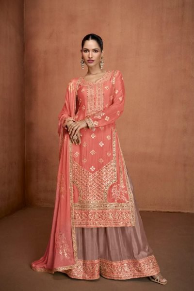 Peach Orange Color Hit Designe Real Chinon Plazzo Suit Collection With Hand Work  Designer Plazzo Salwar Suits Wholesale