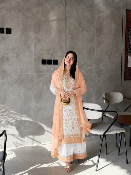 Peach Party Wear Faux Georgette Palazzo Suit with Embroidered Dupatta at Wholesale Rate 