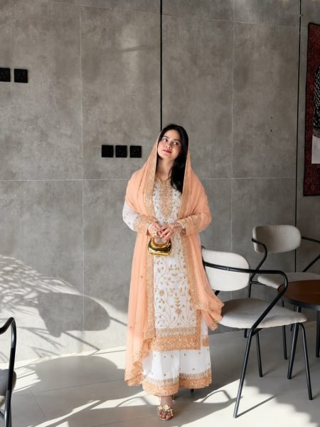 Peach Party Wear Faux Georgette Palazzo Suit with Embroidered Dupatta at Wholesale Rate Ready To Wear Collection