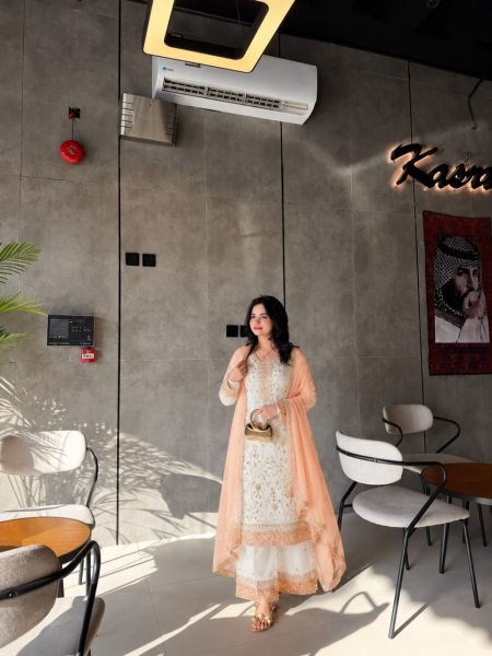 Peach Party Wear Faux Georgette Palazzo Suit with Embroidered Dupatta at Wholesale Rate Ready To Wear Collection