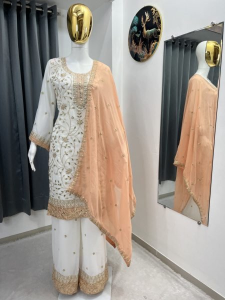 Peach Party Wear Faux Georgette Palazzo Suit with Embroidered Dupatta at Wholesale Rate Ready To Wear Collection