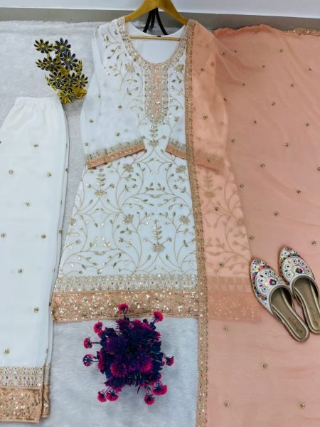 Peach Party Wear Faux Georgette Palazzo Suit with Embroidered Dupatta at Wholesale Rate Ready To Wear Collection