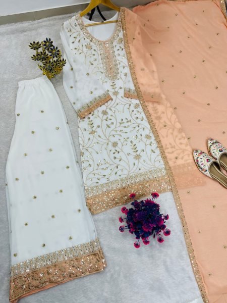Peach Party Wear Faux Georgette Palazzo Suit with Embroidered Dupatta at Wholesale Rate Ready To Wear Collection