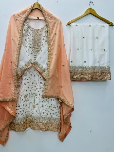 Peach Party Wear Faux Georgette Palazzo Suit with Embroidered Dupatta at Wholesale Rate Ready To Wear Collection