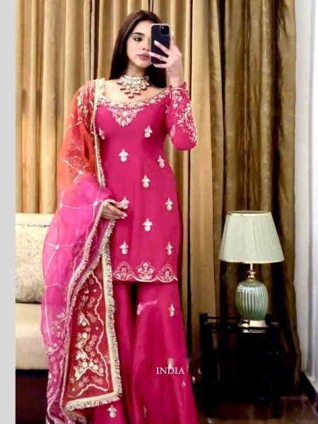 Pink Chinon Silk Sharara with Heavy Sequins Work and Fancy Dupatta Festive Outfit Ready To Wear Suit