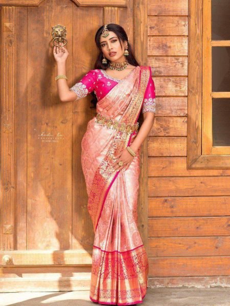 Peach Pink Lichi Silk Saree with Golden Zari and Rich Jacquard Pallu Perfect Wedding Wear Sarees 