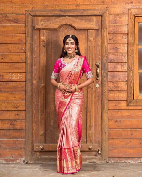 Peach Pink Lichi Silk Saree with Golden Zari and Rich Jacquard Pallu Perfect Wedding Wear South Indian Saree 