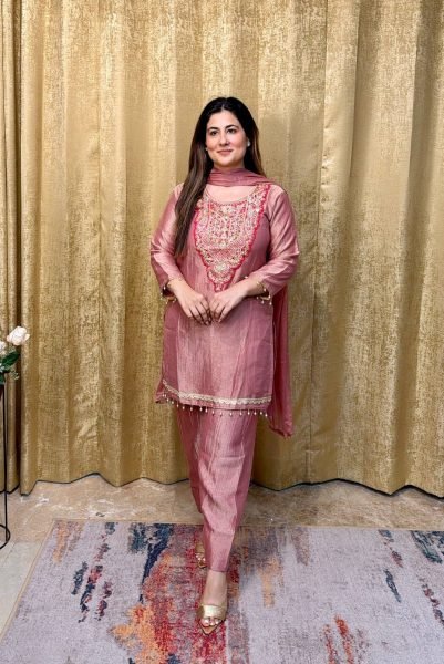 Peach Pure Tissue Salsa Top Plazo Pant Dupatta Set with Sequin Work For Diwali  Ready To Wear Collection