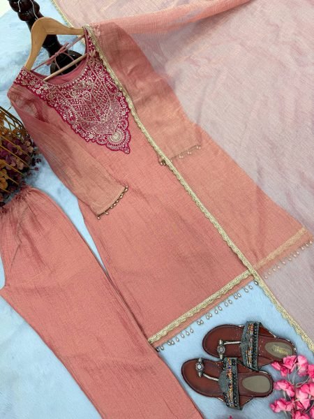 Peach Pure Tissue Salsa Top Plazo Pant Dupatta Set with Sequin Work For Diwali  Ready To Wear Collection