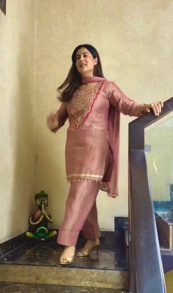 Peach Pure Tissue Salsa Top Plazo Pant Dupatta Set with Sequin Work For Diwali  Ready To Wear Collection