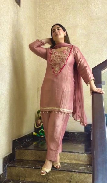 Peach Pure Tissue Salsa Top Plazo Pant Dupatta Set with Sequin Work For Diwali  Ready To Wear Collection