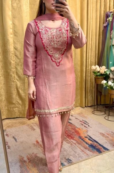Peach Pure Tissue Salsa Top Plazo Pant Dupatta Set with Sequin Work For Diwali  Ready To Wear Collection