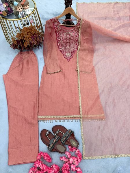 Peach Pure Tissue Salsa Top Plazo Pant Dupatta Set with Sequin Work For Diwali  Ready To Wear Collection