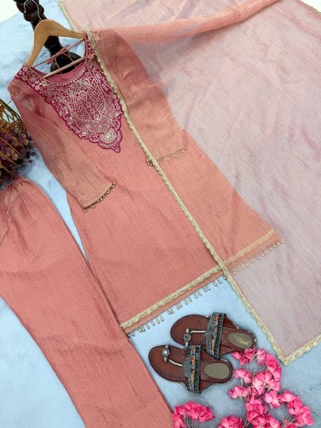 Peach Pure Tissue Salsa Top Plazo Pant Dupatta Set with Sequin Work For Diwali  Ready To Wear Collection