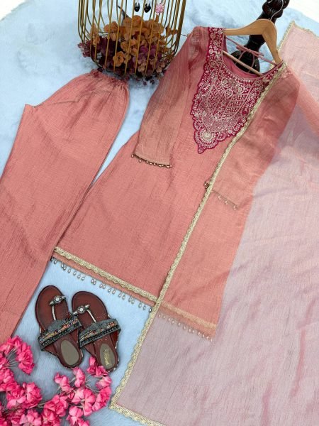 Peach Pure Tissue Salsa Top Plazo Pant Dupatta Set with Sequin Work For Diwali  Ready To Wear Collection