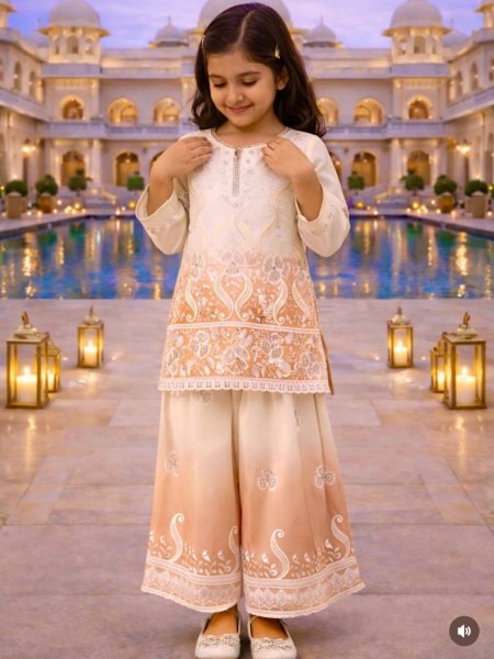 Peach Ramzan Special Kids Top Palazzo Dupatta Set with Digital Print Work Kurtis