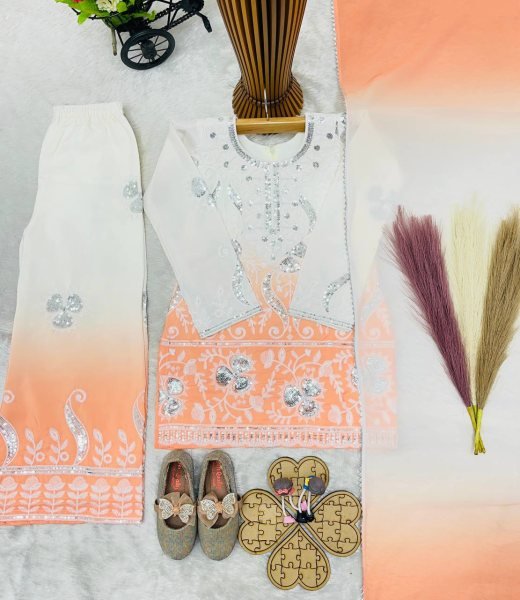 Peach Ramzan Special Kids Top Palazzo Dupatta Set with Digital Print Work Girls Wear